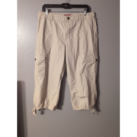 Chaps Denim Women’s Cargo Capri Pants Khaki Beige Size 10 Drawstring Hem Pockets - Picture 2 of 7